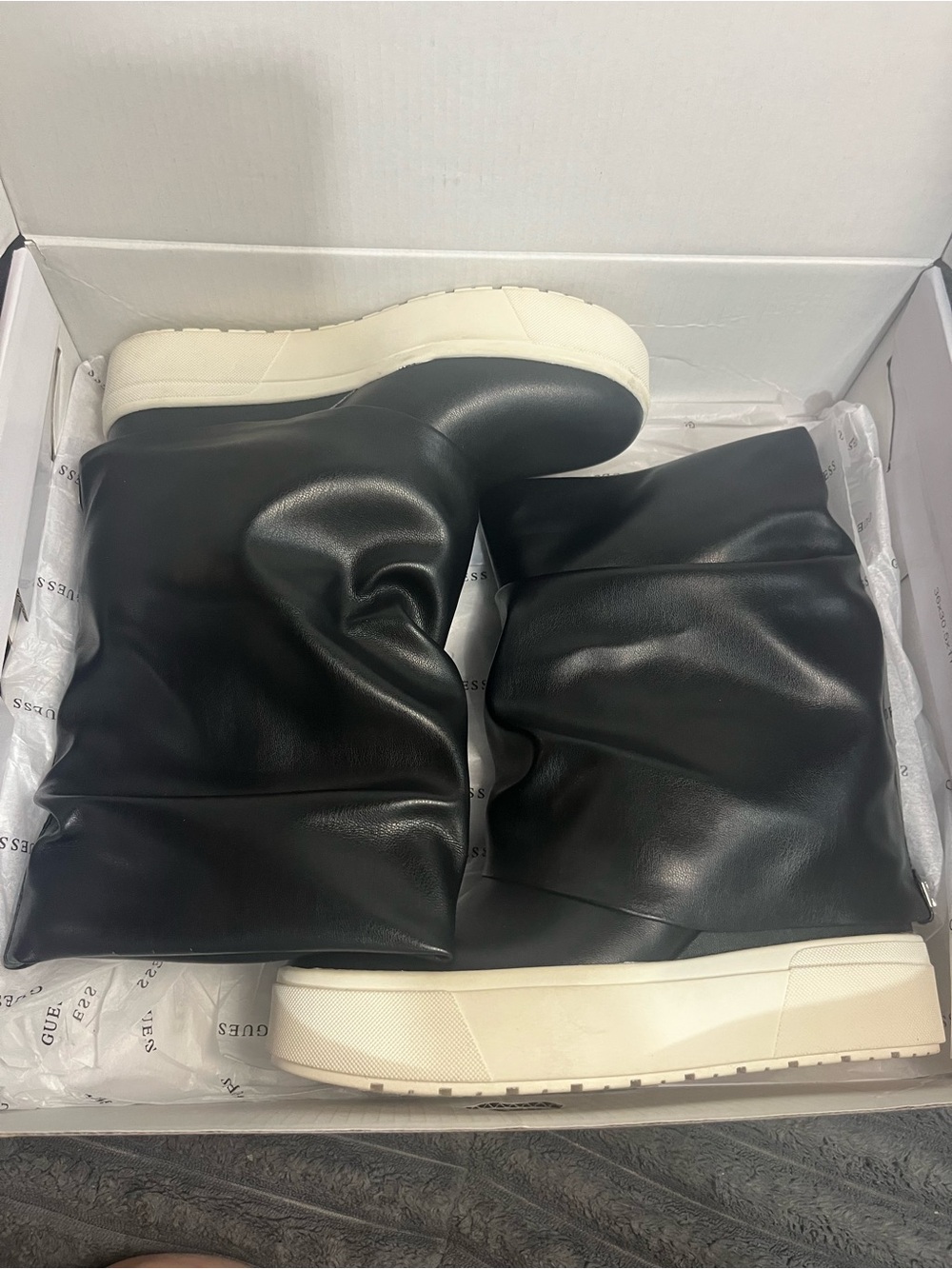 Guess Black Slouch Platform Boots with Beige Soles